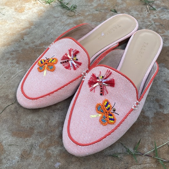 Talbots Ryan Mule Slip On 6.5 Flat Orange Novelty Dragonfly Beaded Embroidered - Picture 2 of 9